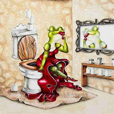 Diamond Painting Kikker in rode jurk op toilet met Ronde steentjes 100x100 - Beste Kwaliteit